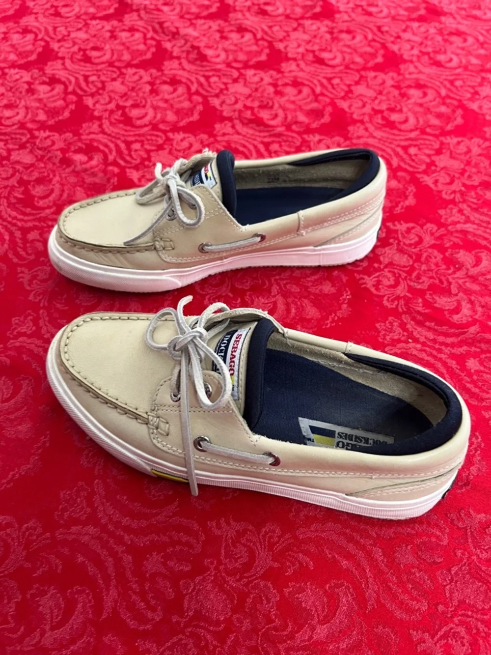 Sebago Docksides Boat Shoes Men's 7.5 Cream Leather Lace Up Moc Toe